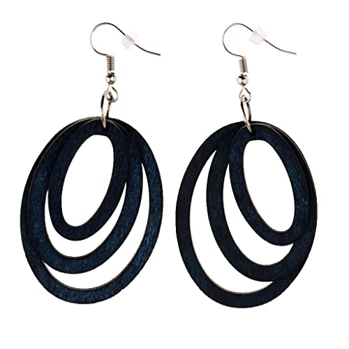 sharprepublic Pendientes Colgantes de Tres Aros Ovalados de Madera Natural, Joyería de Boda Boho con Perno Prisionero para Mujer - Azul, Círculos