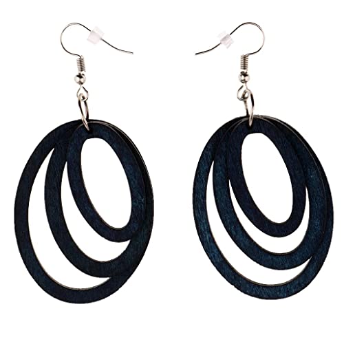 sharprepublic Pendientes Colgantes de Tres Aros Ovalados de Madera Natural, Joyería de Boda Boho con Perno Prisionero para Mujer - Azul, Círculos