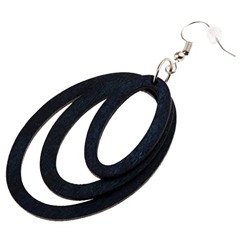 sharprepublic Pendientes Colgantes de Tres Aros Ovalados de Madera Natural, Joyería de Boda Boho con Perno Prisionero para Mujer - Azul, Círculos