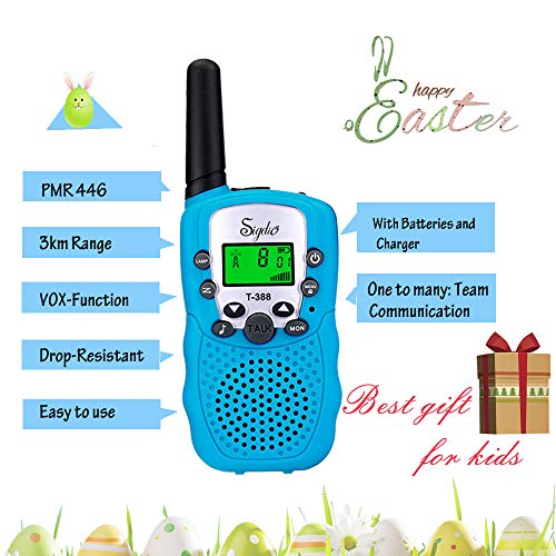 Sigdio Walkie Talkies Niños PMR446 con 8 Piezas Baterías Recargable y Cargador 8 Canales Función VOX LCD Pantalla 10 Tonos Linterna Incorporado Walky Talky (Azul, 1 Par)