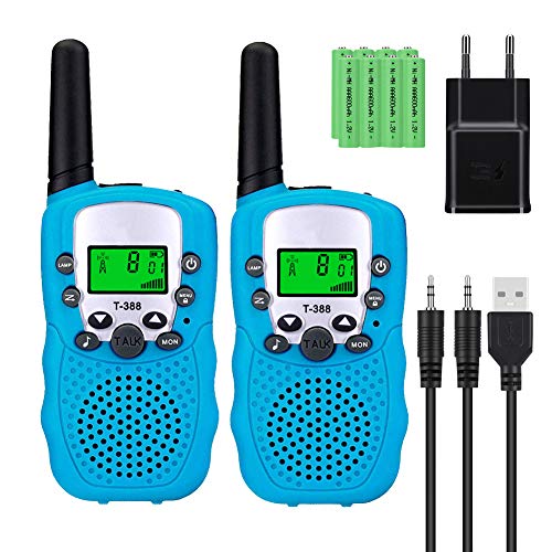 Sigdio Walkie Talkies Niños PMR446 con 8 Piezas Baterías Recargable y Cargador 8 Canales Función VOX LCD Pantalla 10 Tonos Linterna Incorporado Walky Talky (Azul, 1 Par)