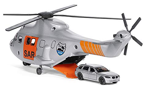 siku 2527 Helicóptero de transporte SAR, Incl. Camilla y figura de juguete para rescate, Cabrestante automático, 1:50, Metal/Plástico, Plateado