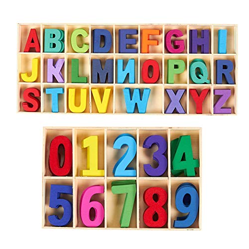 SIMUER Juego de Letras y números de Madera de 216 pcs - Letras mayúsculas de Madera con Bandeja de Almacenamiento - Letras de Madera de Alfabeto para Manualidades con números de Madera Natural Suave