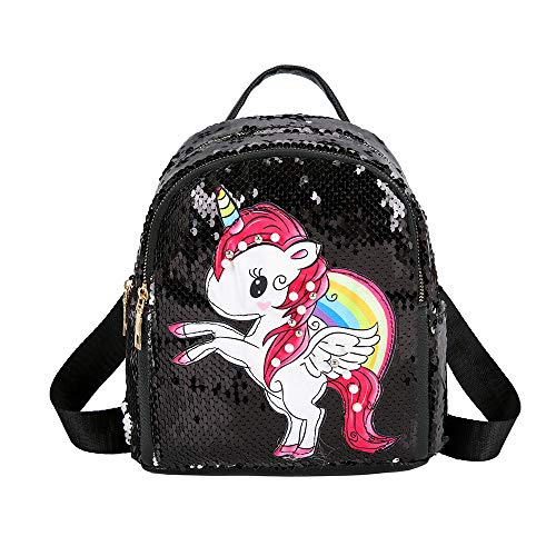 Sipobuy Mochila De Unicornio con Lentejuelas Preciosas Y Brillantes para Niñas, Cierre De Cremallera, Bolsillos Frontales Y Laterales para Escuela/Viajes, Mochila con Correas Ajustables (Black)