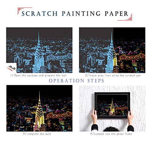 SiYear Scratch Painting Rainbow Paper Sketch Pads, City Series Night View DIY Art Craft Creative Gift, Scratchboard para Adultos y niños, con 4 Herramientas (16 X 11.2 Pulgadas)