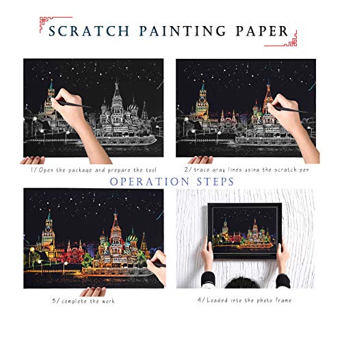 SiYear Scratch Paper Rainbow Painting Sketch, City Series Night Scene, Scratch Painting Creative Gift, Scratchboard para Adultos y niños con 4 Herramientas '' (Rusia y Venecia