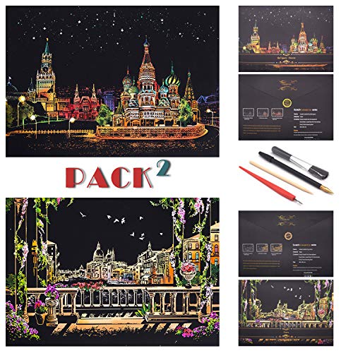 SiYear Scratch Paper Rainbow Painting Sketch, City Series Night Scene, Scratch Painting Creative Gift, Scratchboard para Adultos y niños con 4 Herramientas '' (Rusia y Venecia