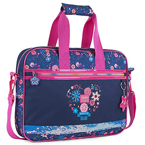 SKPAT - Cartera Infantil Niña Estampado Floral con Purpurina. Maletín Extraescolar. Blocs Libretas Libros. Tamaño A4. Cómoda Ligera 131506, Color Marino