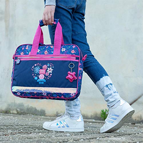 SKPAT - Cartera Infantil Niña Estampado Floral con Purpurina. Maletín Extraescolar. Blocs Libretas Libros. Tamaño A4. Cómoda Ligera 131506, Color Marino