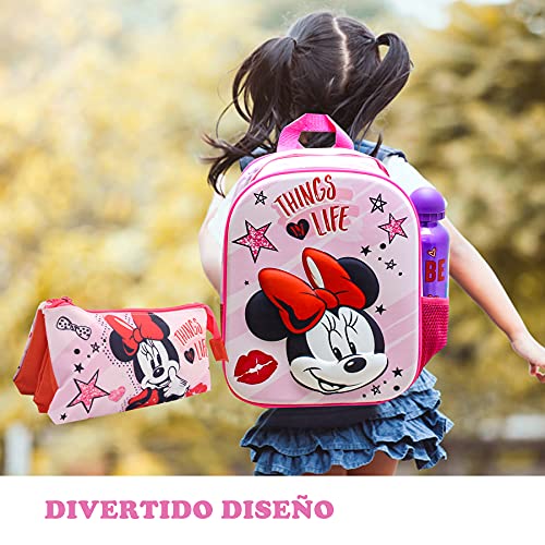 SKYLINE Set Mochila Infantil 3D y Estuche Escolar, Minnie, Mochila Escolar, 25x31x10 CM, Mochila Poliéster + EVA, Material Escolar Vuelta al Cole, Ideal para Niños