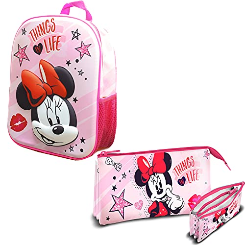 SKYLINE Set Mochila Infantil 3D y Estuche Escolar, Minnie, Mochila Escolar, 25x31x10 CM, Mochila Poliéster + EVA, Material Escolar Vuelta al Cole, Ideal para Niños