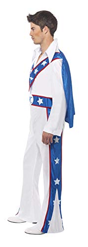 Smiffys-21126L Licenciado Oficialmente Disfraz de Evel Knievel, con Traje Entero y Capa incorporada, Color Blanco, L-Tamaño 42"-44" (Smiffy'S 21126L)