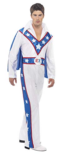 Smiffys-21126L Licenciado Oficialmente Disfraz de Evel Knievel, con Traje Entero y Capa incorporada, Color Blanco, L-Tamaño 42"-44" (Smiffy'S 21126L)