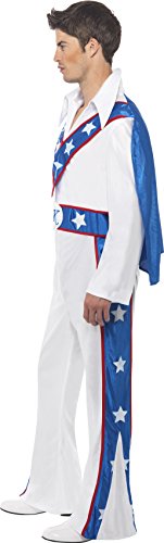 Smiffys-21126L Licenciado Oficialmente Disfraz de Evel Knievel, con Traje Entero y Capa incorporada, Color Blanco, L-Tamaño 42"-44" (Smiffy'S 21126L)