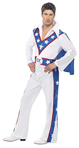 Smiffys-21126L Licenciado Oficialmente Disfraz de Evel Knievel, con Traje Entero y Capa incorporada, Color Blanco, L-Tamaño 42"-44" (Smiffy'S 21126L)