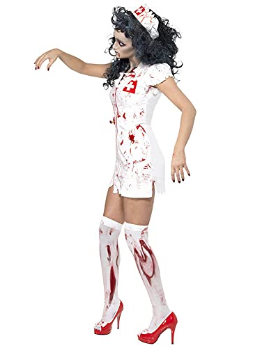 Smiffys-34132XS Halloween Disfraz de Enfermera Zombi, con Vestido, mascarilla y Adorno para la Cabeza, Color Blanco, XS-EU Tamaño 32-34 (Smiffy'S 34132XS)