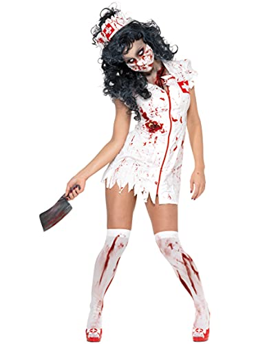 Smiffys-34132XS Halloween Disfraz de Enfermera Zombi, con Vestido, mascarilla y Adorno para la Cabeza, Color Blanco, XS-EU Tamaño 32-34 (Smiffy'S 34132XS)