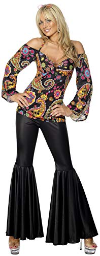 Smiffys- Disfraz de Hippy, Chica, con Top Estampado y Pantalones de Campana, Color Negro, XXL - EU Tamaño 52-54 (Smiffy'S 30442X2)