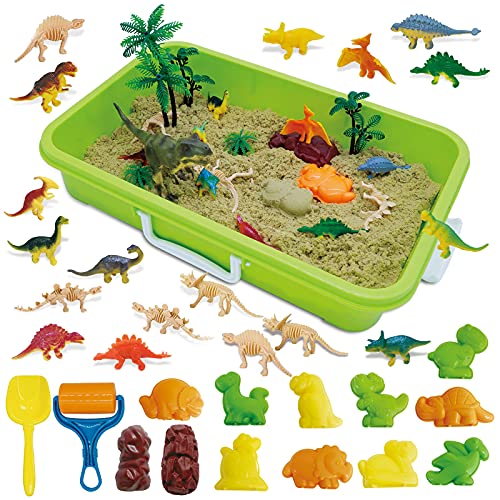 SOGUYI Arenero Infantil - 0.9 kg Arena mágica con Contenedor Sensorial Numerosos Juguetes de Dinosaurios, Juguetes Sensoriales para Niños Niñas Interior al aire Libre 3, 4, 5 Años