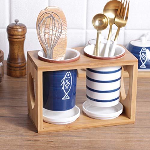 SOIMISS 1 Juego de Cubiertos Caddy Palillos Chinos de Estilo Japonés Cuchara Tenedor Cubo de Almacenamiento con Estante de Madera Lápiz de Sobremesa Taza de Soporte para La Cocina Casera