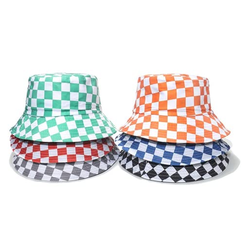 Sombrero de pescador retro de protección solar, sombrero de cubo de celosía de tablero de ajedrez para hombres y mujeres, naranja/fiesta de bloques, Talla única