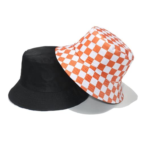 Sombrero de pescador retro de protección solar, sombrero de cubo de celosía de tablero de ajedrez para hombres y mujeres, naranja/fiesta de bloques, Talla única