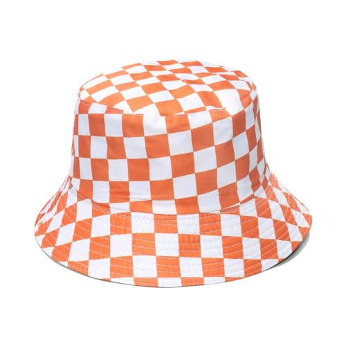 Sombrero de pescador retro de protección solar, sombrero de cubo de celosía de tablero de ajedrez para hombres y mujeres, naranja/fiesta de bloques, Talla única