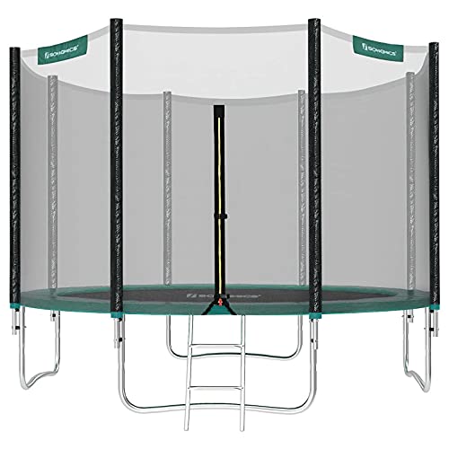 SONGMICS Cama Elástica de 305 cm (10 Pies), Trampolín para el Jardín Caja de Red de Seguridad, Postes Rectos Acolchados, TÜV Rheinland Prueba de Seguridad, Negro y Verde STR10GN