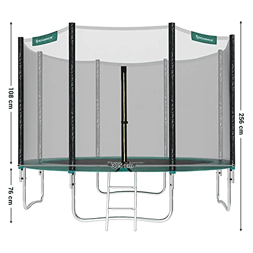 SONGMICS Cama Elástica de 305 cm (10 Pies), Trampolín para el Jardín Caja de Red de Seguridad, Postes Rectos Acolchados, TÜV Rheinland Prueba de Seguridad, Negro y Verde STR10GN