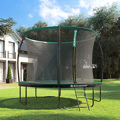 SONGMICS Cama elástica de jardín, Trampolín Redondo de 366 cm, con Red de Seguridad, Escalera, Postes de Arco Acolchado, Prueba de Seguridad TÜV Rheinland, Negro y Verde Oscuro STR122C01