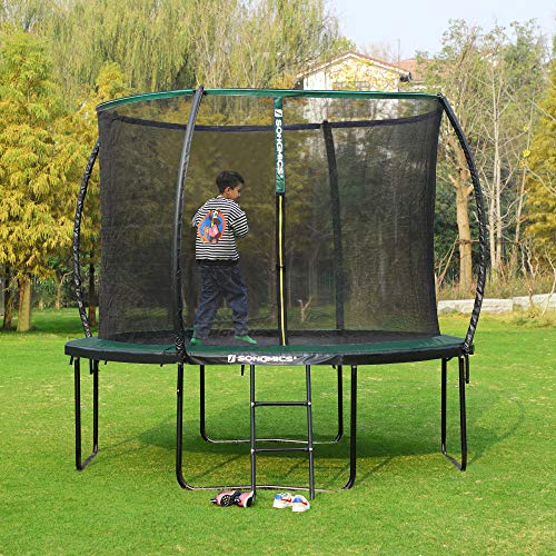 SONGMICS Cama elástica de jardín, Trampolín Redondo de 366 cm, con Red de Seguridad, Escalera, Postes de Arco Acolchado, Prueba de Seguridad TÜV Rheinland, Negro y Verde Oscuro STR122C01