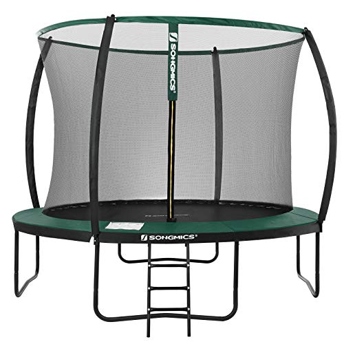 SONGMICS Cama elástica de jardín, Trampolín Redondo de 366 cm, con Red de Seguridad, Escalera, Postes de Arco Acolchado, Prueba de Seguridad TÜV Rheinland, Negro y Verde Oscuro STR122C01