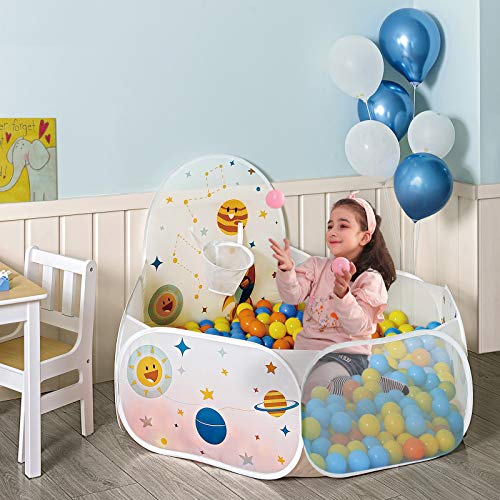 SONGMICS Piscina de Bolas, Tienda de Juego Infantil, Carpa Interior y Exterior con Aro de Baloncesto, Regalo de Juguete para Niños (no Incluye Pelotas), Tema Espacial, Blanco LPT66WT