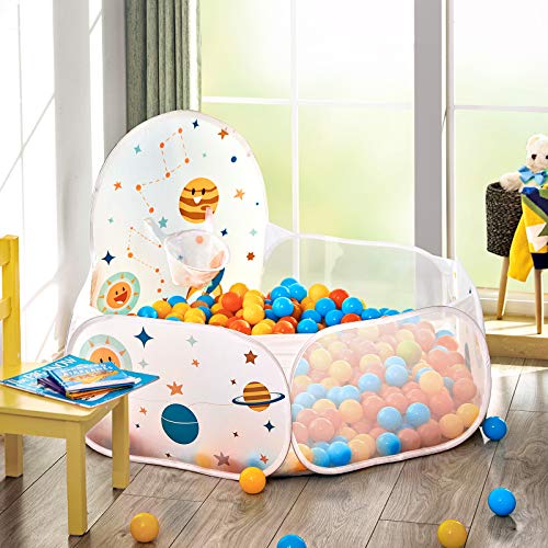 SONGMICS Piscina de Bolas, Tienda de Juego Infantil, Carpa Interior y Exterior con Aro de Baloncesto, Regalo de Juguete para Niños (no Incluye Pelotas), Tema Espacial, Blanco LPT66WT