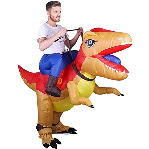 SOSPIRO Disfraz hinchable T-rex de dinosaurio Tyrannosaurus Rex divertido vestido mono con cable USB para Halloween, fiestas, cumpleaños, carnaval, adultos, mujeres, hombres, marrón