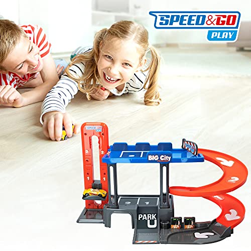 Speed&GO - Speed&GO - Garaje juguete para coches, con 1 coche de metal, parking 2 niveles, Parking de juguete infantil, coches de juguetes metálicos, Para niños a partir de 6 años (46529)