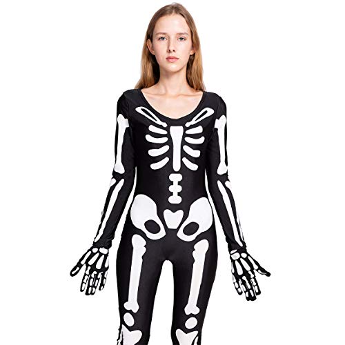 Spooktacular Creations Skeleton Bodysuit Halloween with Glow Patterns and Skeleton Gloves for Women (Large ( 10- 12 yrs))