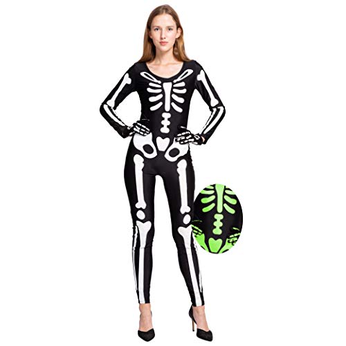 Spooktacular Creations Skeleton Bodysuit Halloween with Glow Patterns and Skeleton Gloves for Women (Large ( 10- 12 yrs))