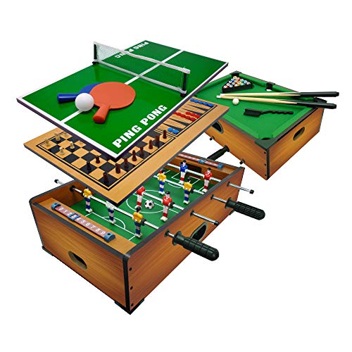 Sport One Futbolín y Billar de Apoyo. Juego de Mesa 6 en 1. Futbolín de 51 x 31 x 16 cm. Tarjeta de casa con Juegos de Mesa: Ping Pong, ajedrez, Dama, Backgammon. Idea de Regalo, Madera, (706200411)