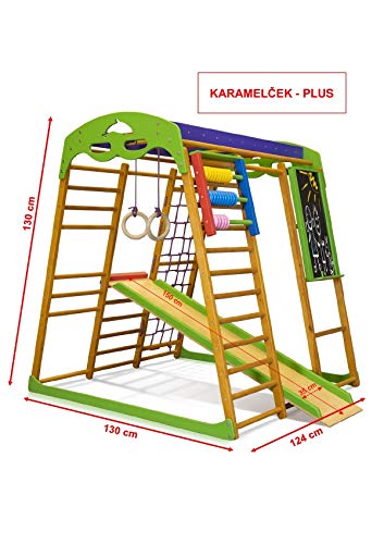 SportBaby Centro de Actividades con tobogán ˝Karamelcek-Plus˝, Red de Escalada, Anillos, Escalera Sueco, Campo de Juego Infantil