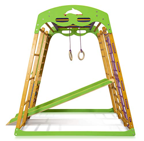 SportBaby Centro de Actividades con tobogán ˝Karamelcek-Plus˝, Red de Escalada, Anillos, Escalera Sueco, Campo de Juego Infantil