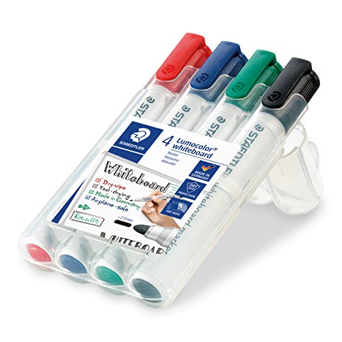 Staedtler 351 WP4 - Rotuladores para pizarra blanca Lumocolor, inodoro, secado rápido y recargable, paquete de 4 colores