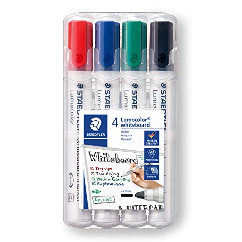 Staedtler 351 WP4 - Rotuladores para pizarra blanca Lumocolor, inodoro, secado rápido y recargable, paquete de 4 colores