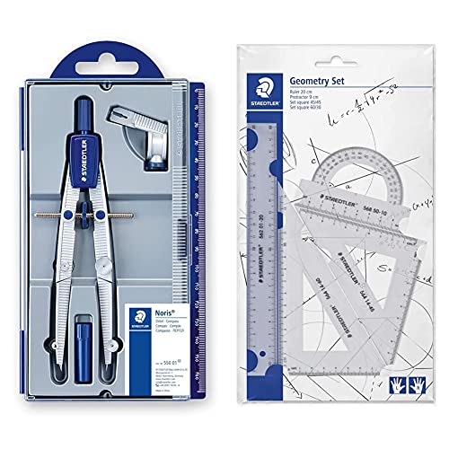 Staedtler NORIS CLUB 550 01, compás escolar de precisión con rueda de ajuste + Mars 569 PB4-0 Set de reglas y transportador para dibujo técnico