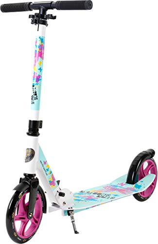 STAR SCOOTER Patinete Patineta Scooter Plegable XXL para niños y niñas a Partir de 6-7 años y Adultos para Ciudad | 205 mm Edición mas Ancha, con más Espacio para los pies | Blanco & Turquesa