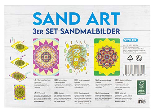 Stylex 46801 - Kit Creativo de Pintura de Arena con diseño de Mandala, Juego Completo con 3 Plantillas, 3 Pinzas y 45 Cartuchos de Arena de Colores para Crear Cuadros con Arena de Cuarzo Multicolor