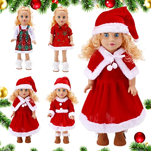 Sumind 4 Juegos de Ropa de Muñeca Navideña de Color Rojo Conjuntos de Ropa de Muñeca de 18 Pulgadas Trajes Vestidos Chal de Muñeca de Navidad Hija