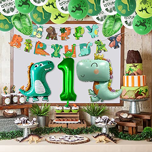 Suministros de fiesta de dinosaurios pancarta de feliz cumpleaños, globos temáticos de dinosaurios y globos de hojas de palma, juego de decoraciones para fiesta de cumpleaños de dinosaurios (2)