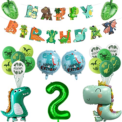 Suministros de fiesta de dinosaurios pancarta de feliz cumpleaños, globos temáticos de dinosaurios y globos de hojas de palma, juego de decoraciones para fiesta de cumpleaños de dinosaurios (2)