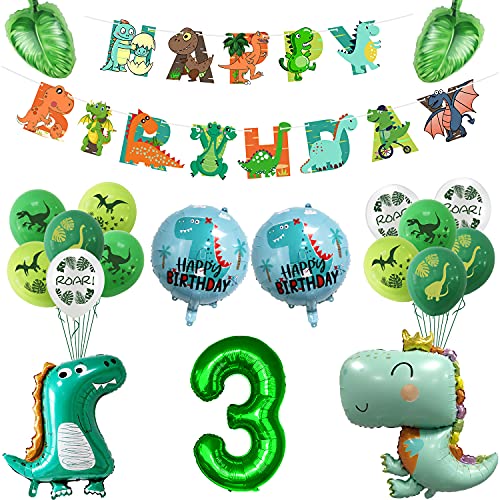 Suministros de fiesta de dinosaurios pancarta de feliz cumpleaños, globos temáticos de dinosaurios y globos de hojas de palma, juego de decoraciones para fiesta de cumpleaños de dinosaurios (3)